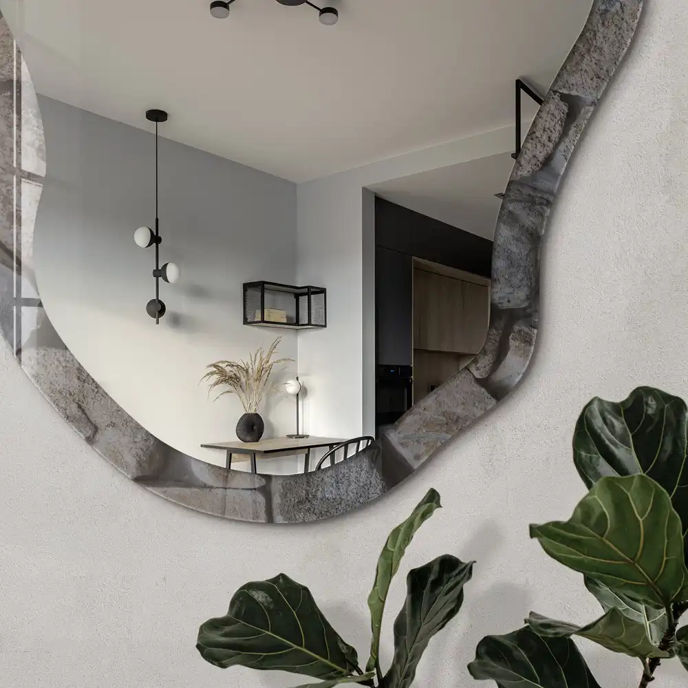 Miroir irrégulier avec impression mur de pierre