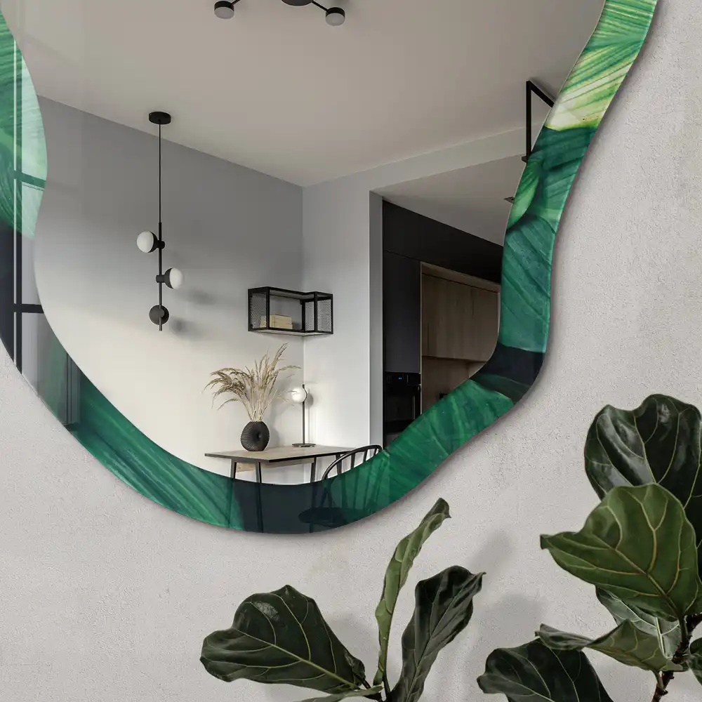 Miroir irrégulier à motif de feuilles vertes