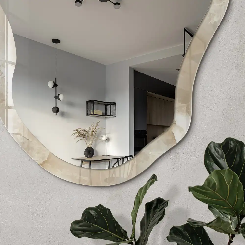 Miroir irrégulier avec impression marbre beige