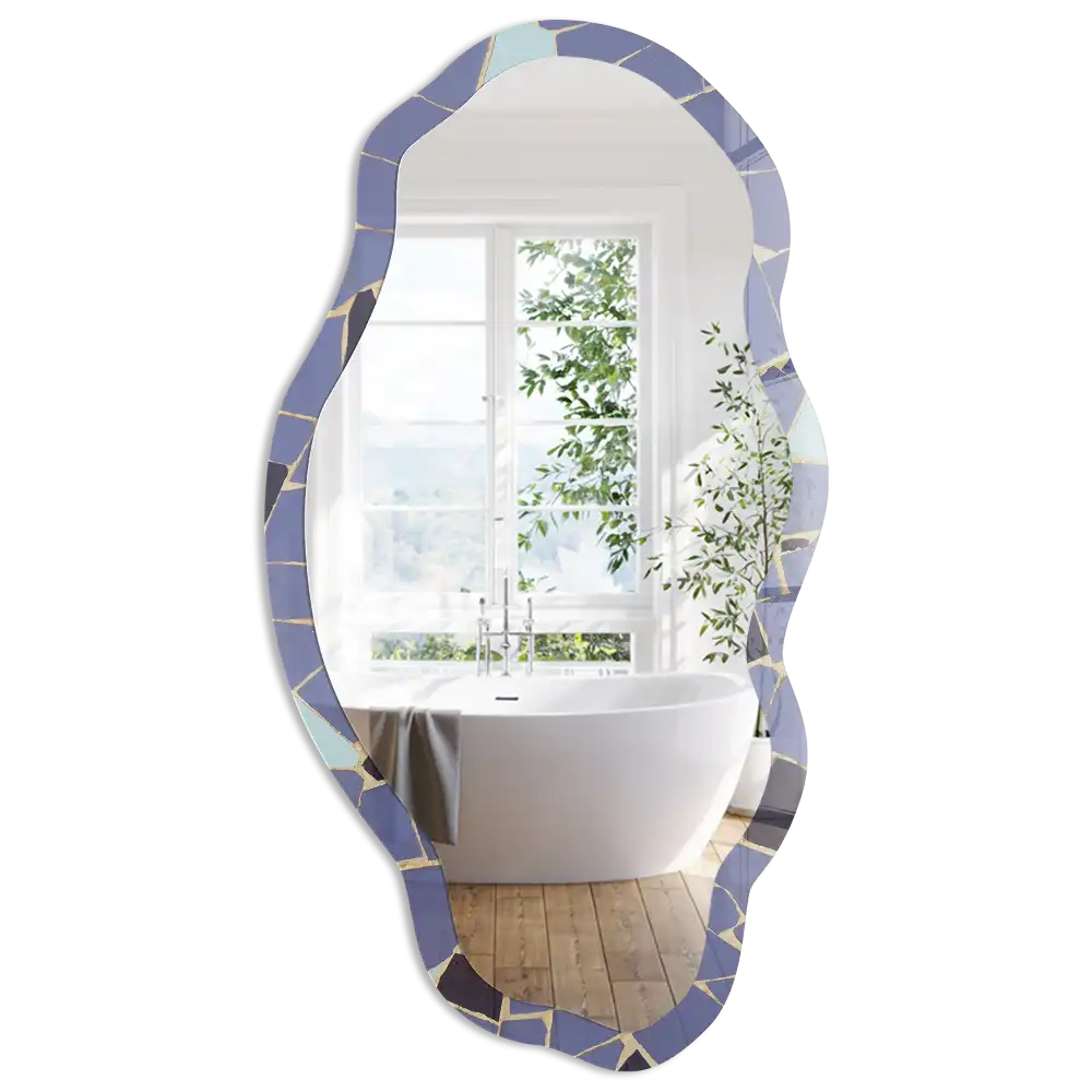 Miroir irrégulier à motif mosaïque bleue