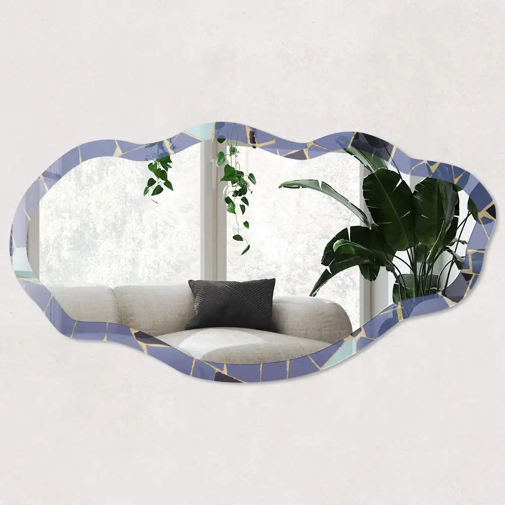 Miroir irrégulier à motif mosaïque bleue