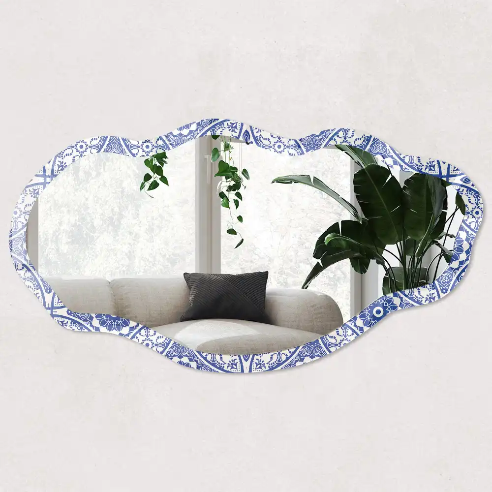 Miroir encadré à impression mosaïque de forme irrégulière bleu clair