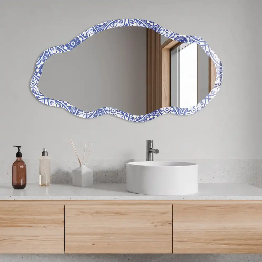 Miroir encadré à impression mosaïque de forme irrégulière bleu clair