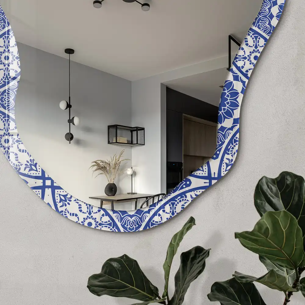 Miroir encadré à impression mosaïque de forme irrégulière bleu clair