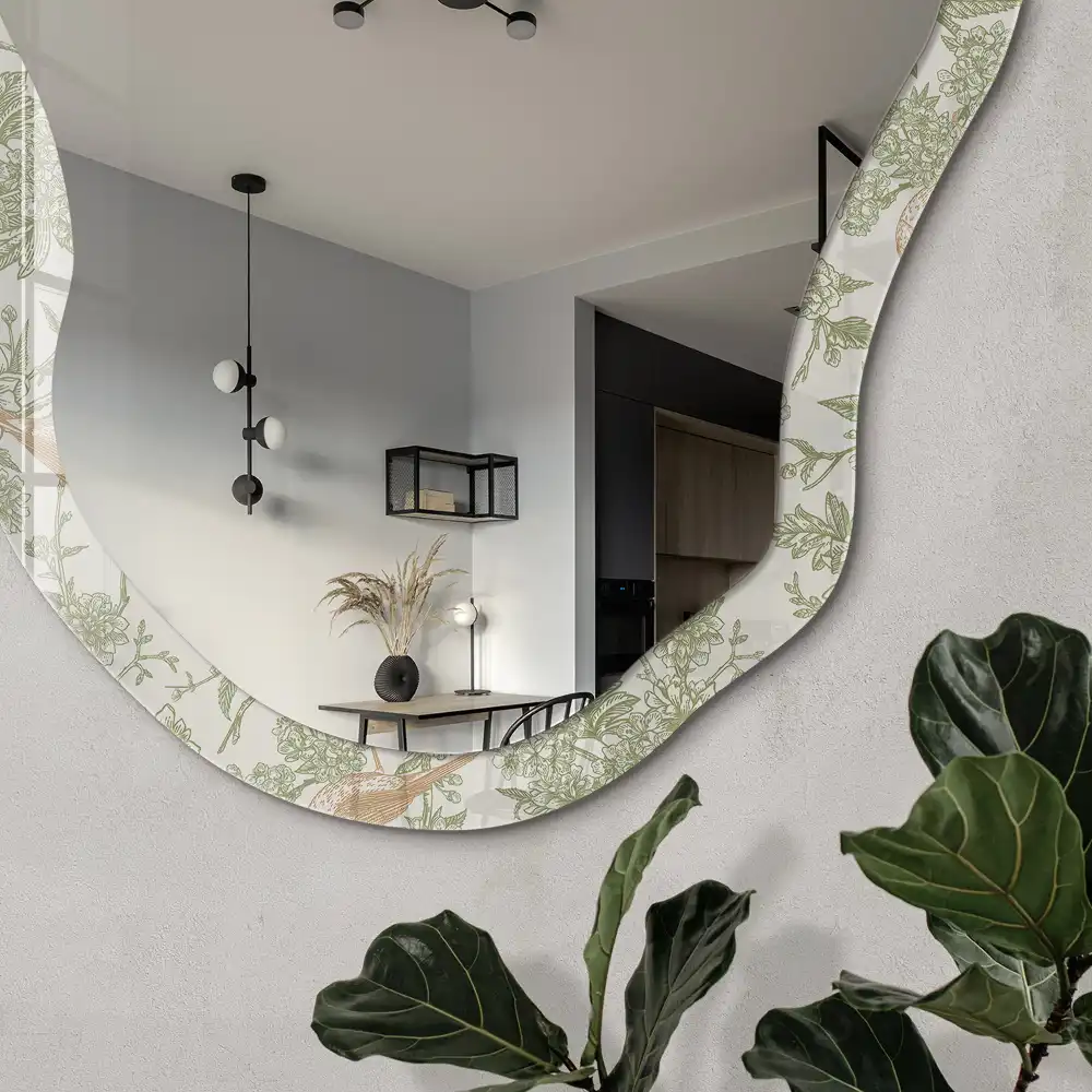 Miroir irrégulier à motif oiseaux et flore