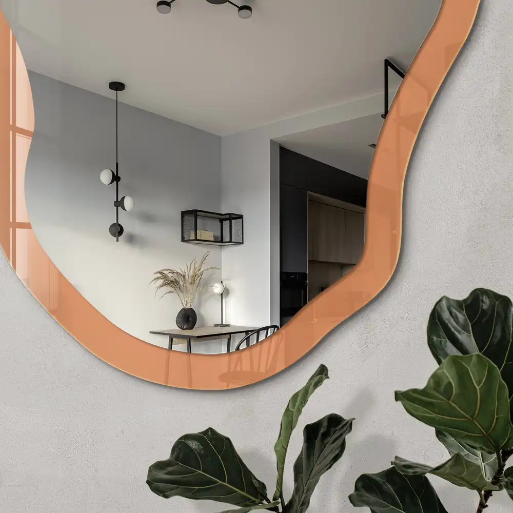 Miroir encadré à impression forme irrégulière orange pastel