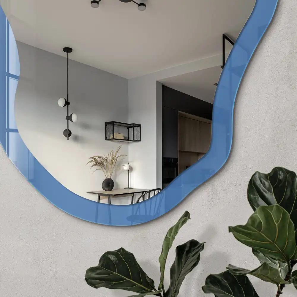 Miroir décoratif irrégulier avec impression bleue