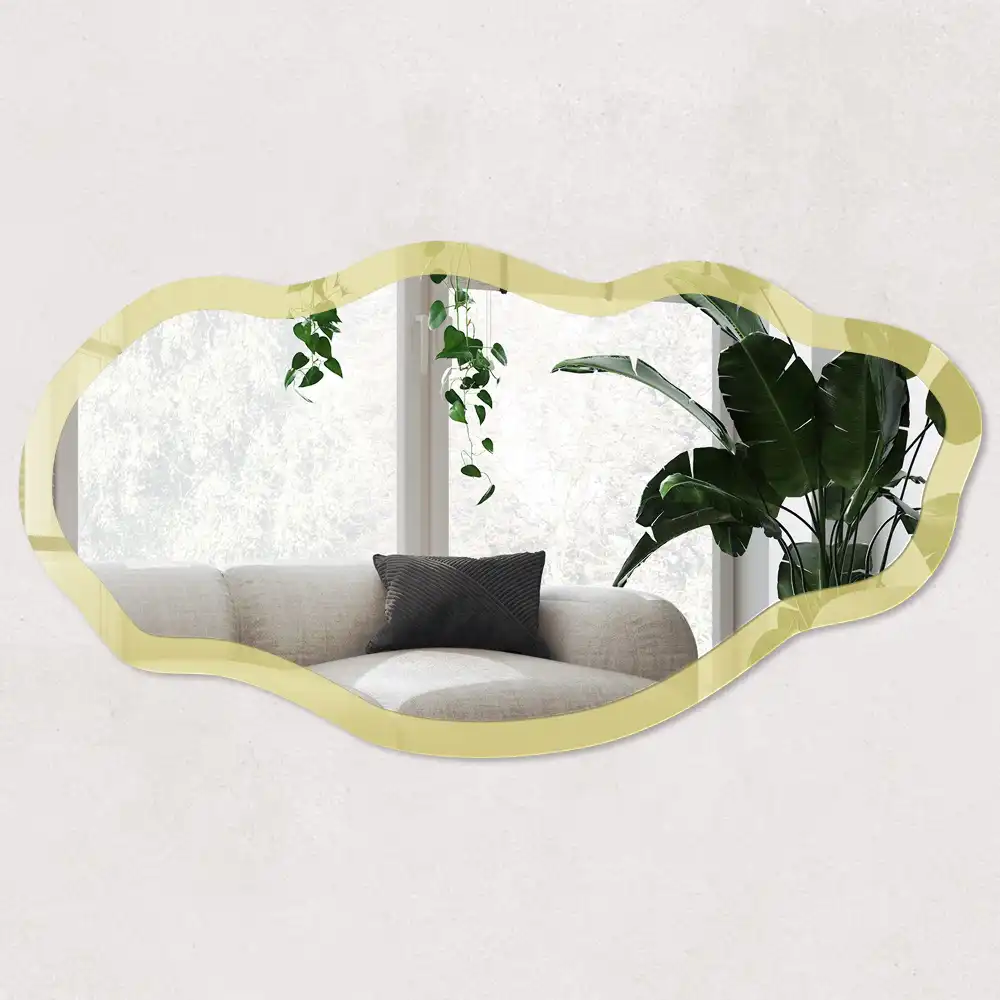 Miroir encadré à impression forme irrégulière moutarde clair