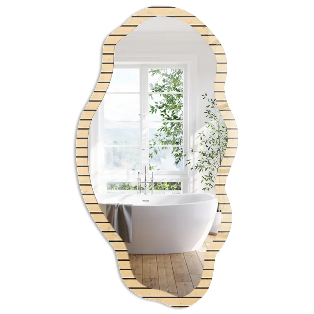Miroir encadré à motif lignes de bois de forme irrégulière