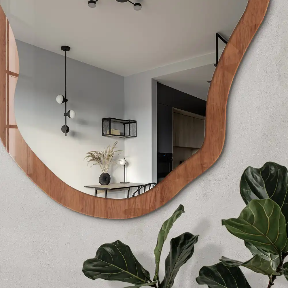 Miroir irrégulier aspect bois naturel