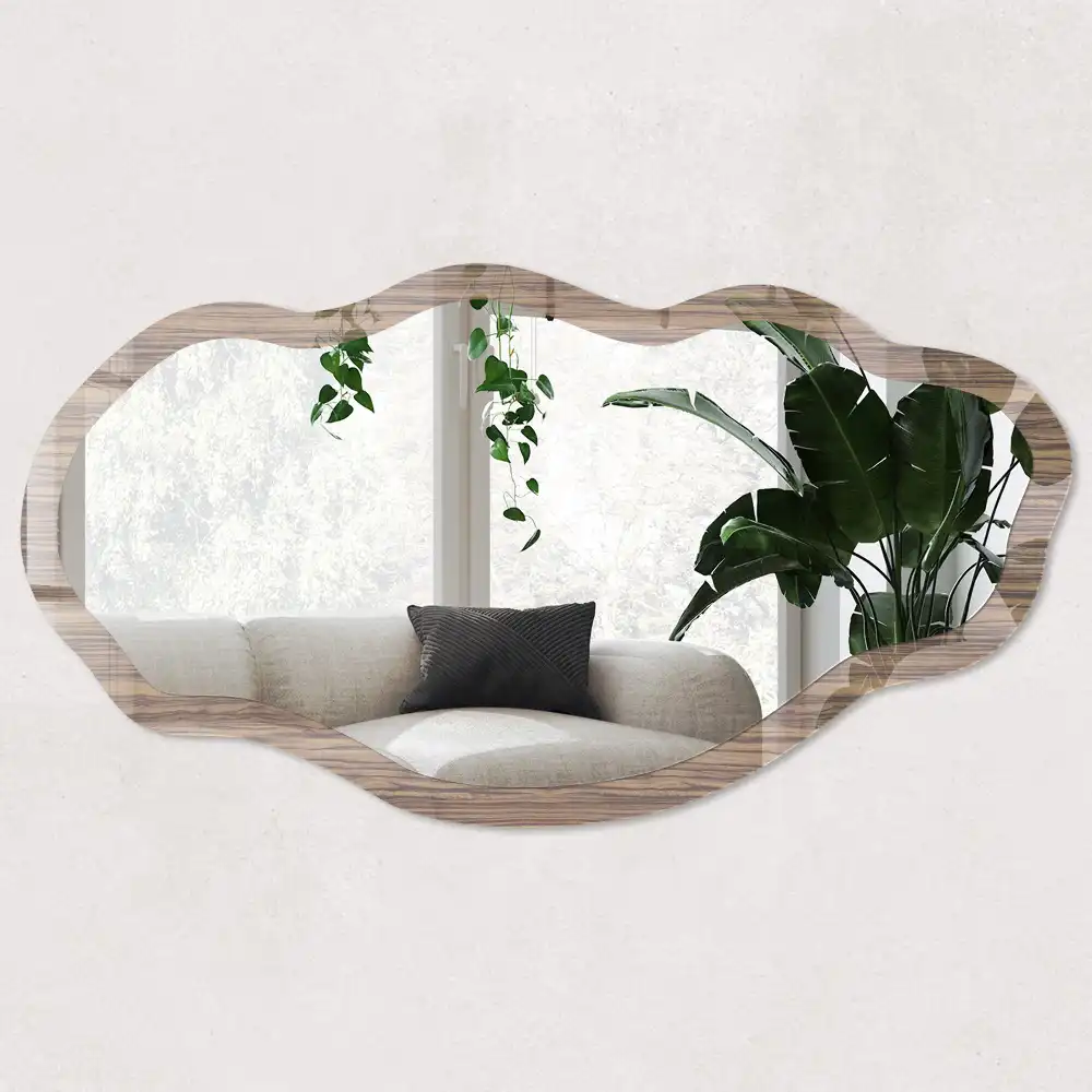 Miroir encadré à impression effet bois forme irrégulière