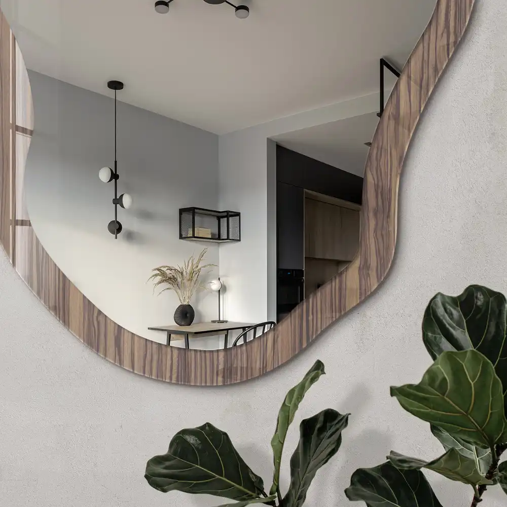 Miroir encadré à impression effet bois forme irrégulière