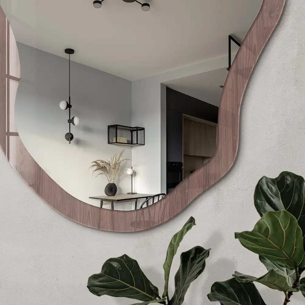 Miroir irrégulier aspect bois brun