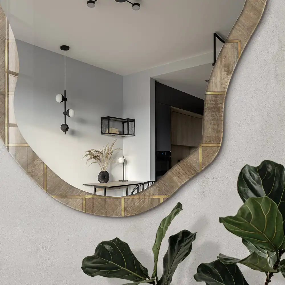 Miroir encadré à impression géométrique en bois de forme irrégulière