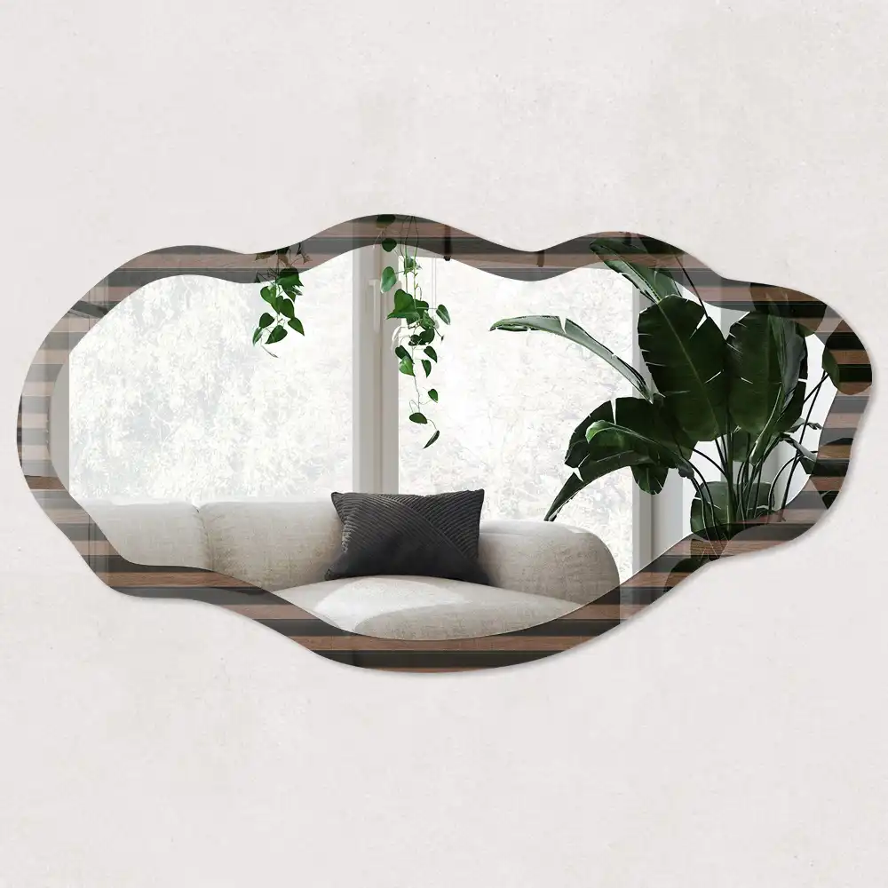 Miroir irrégulier avec impression effet tasseaux de bois
