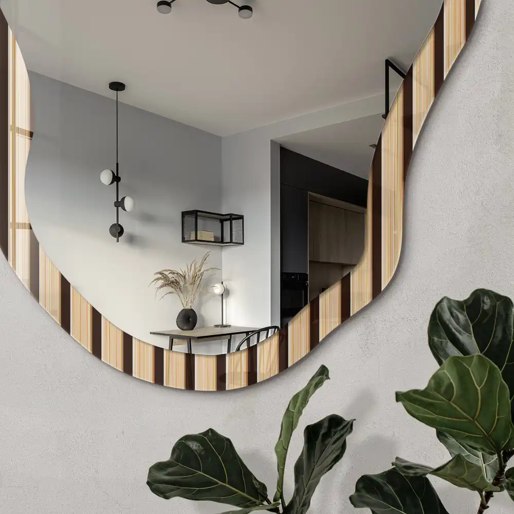 Miroir irrégulier à motif rayures effet bois