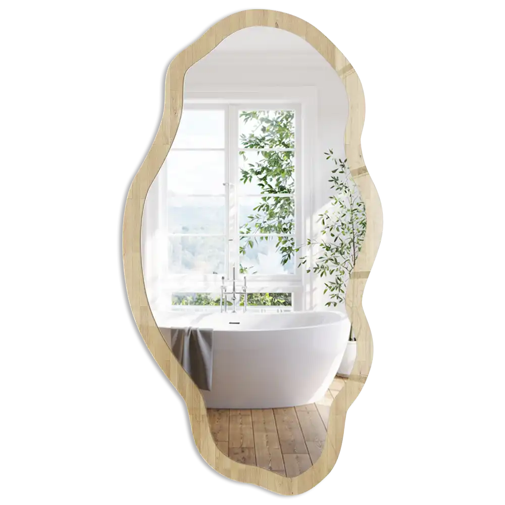 Miroir encadré à impression texture bois de forme irrégulière