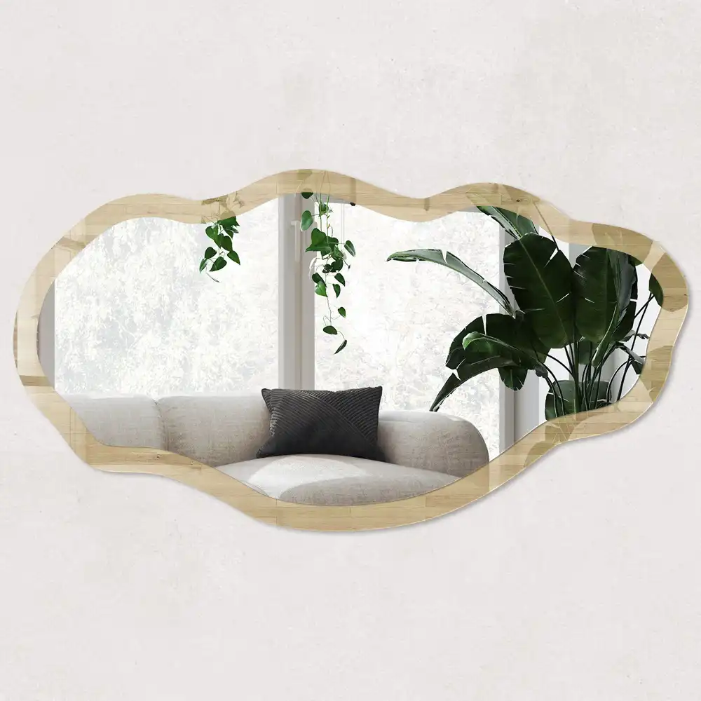 Miroir encadré à impression texture bois de forme irrégulière