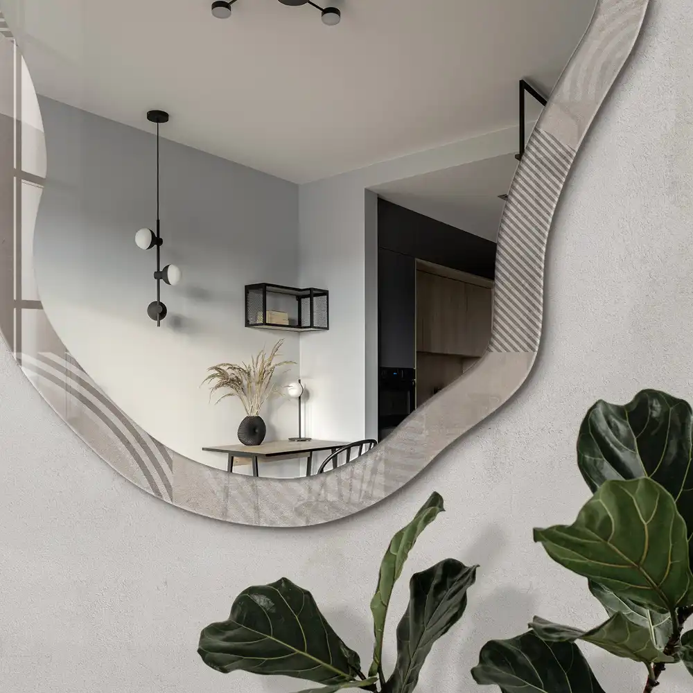 Miroir encadré à impression géométrique de forme irrégulière au design moderne