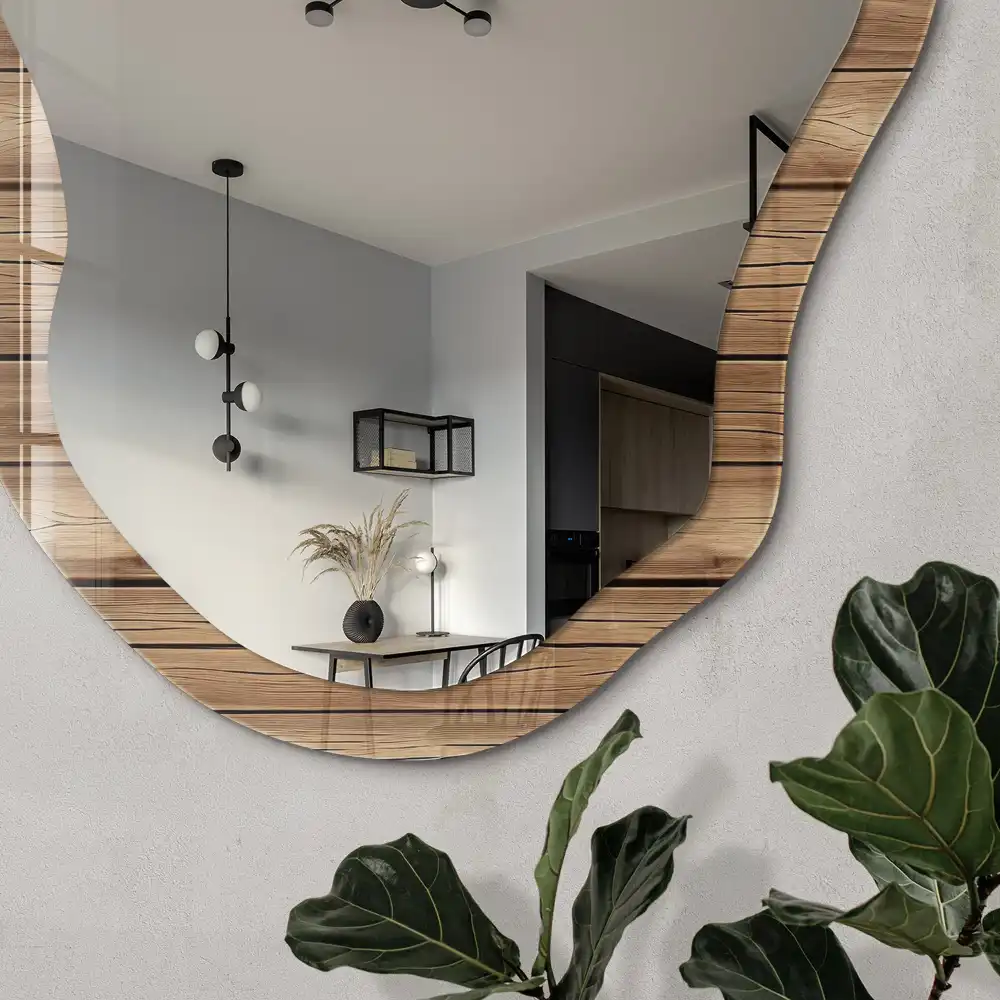 Miroir décoratif irrégulier à impression effet planches de bois