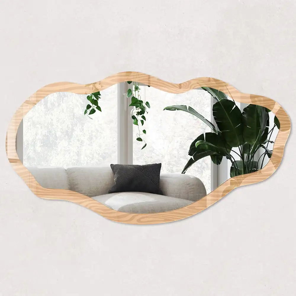 Miroir encadré avec impression effet bois forme irrégulière
