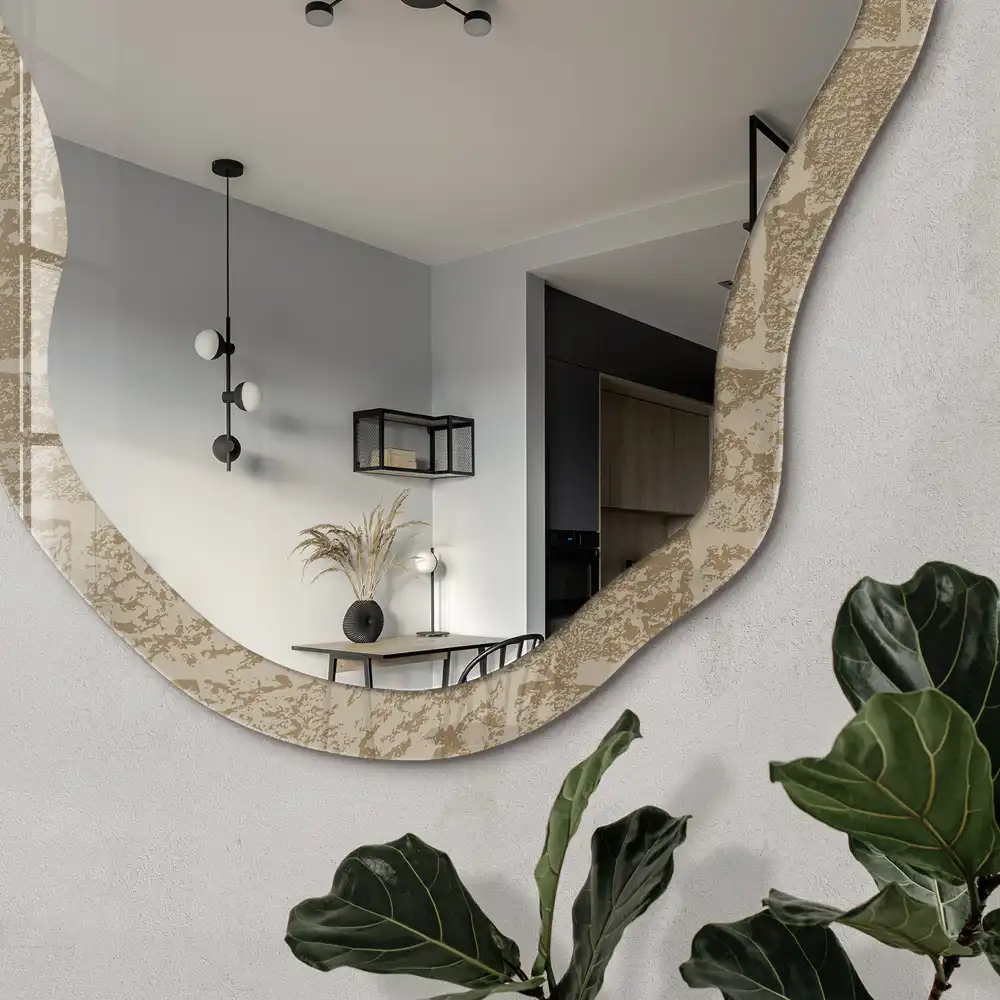 Miroir irrégulier avec impression mur de pierre