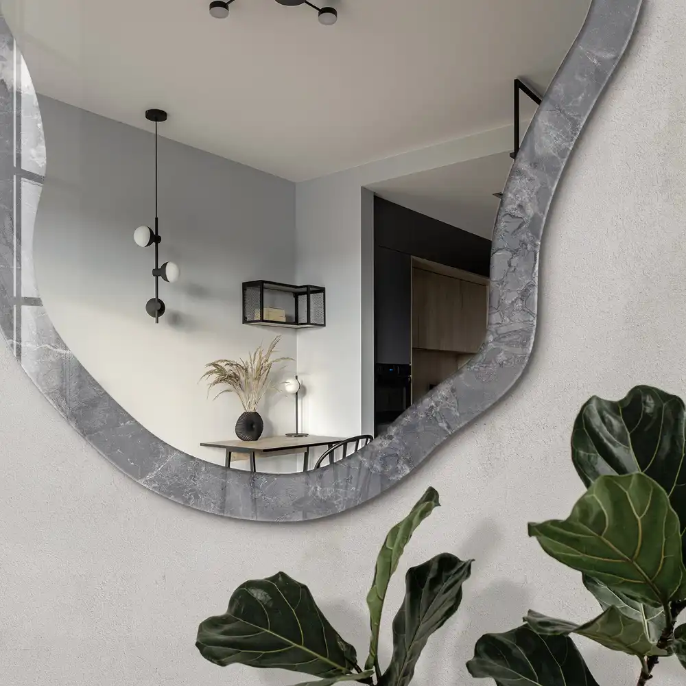 Miroir décoratif irrégulier avec impression effet marbre gris