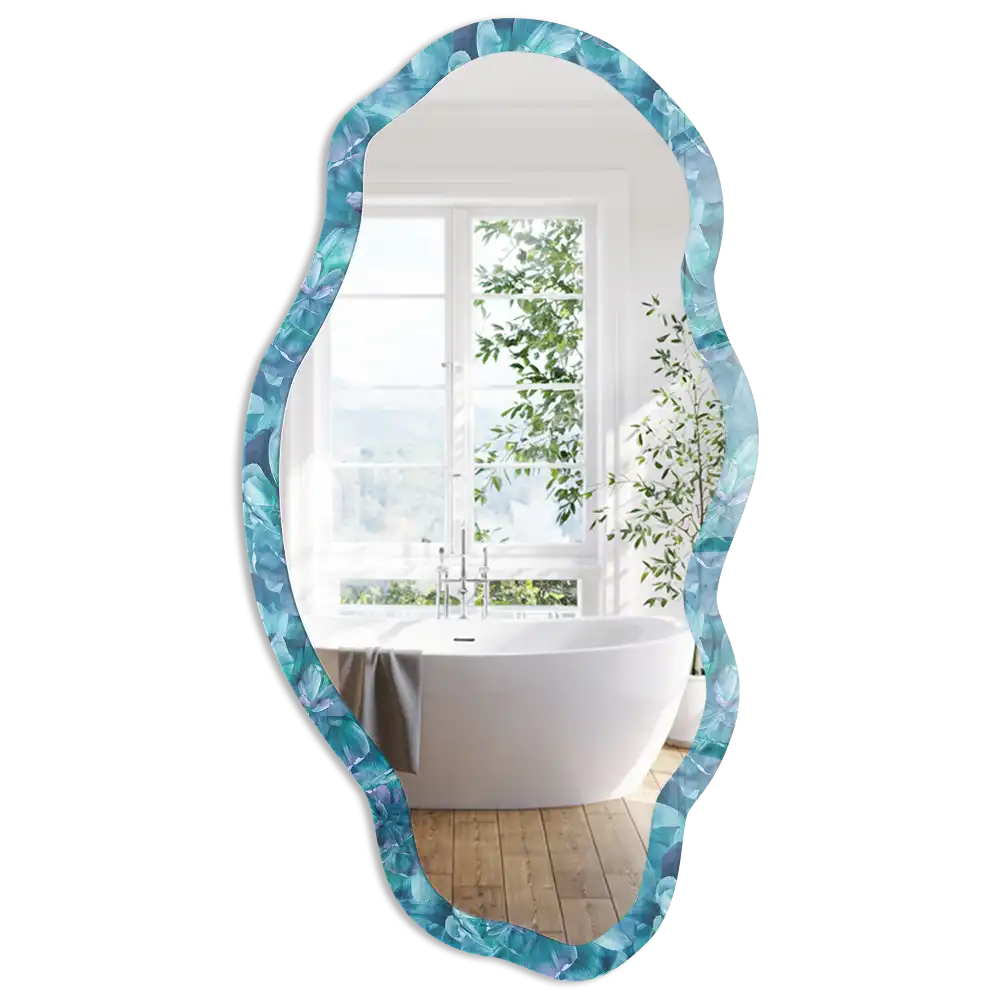 Miroir décoratif irrégulier avec impression fleurs turquoise