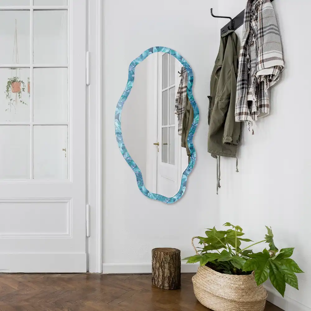 Miroir décoratif irrégulier avec impression fleurs turquoise