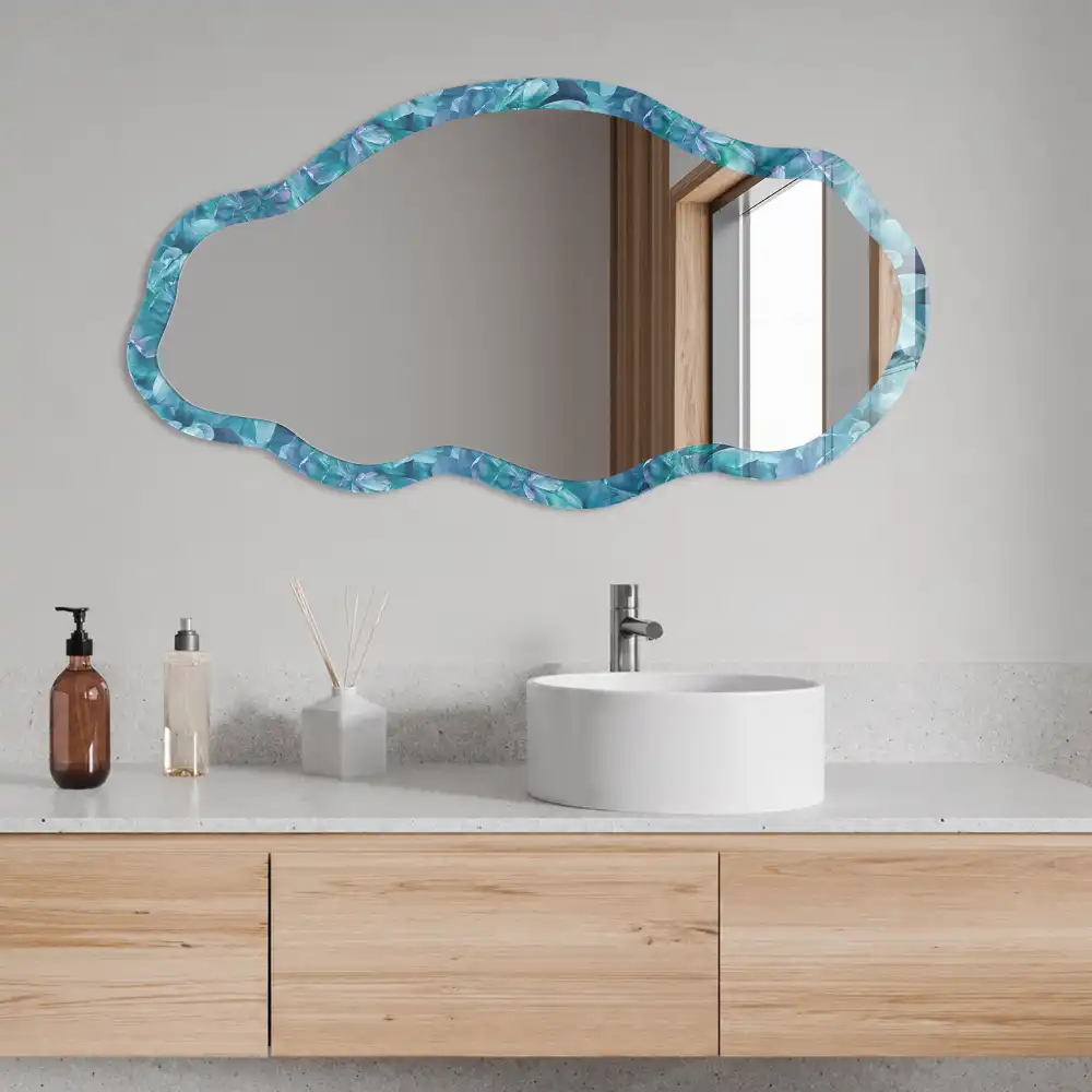 Miroir décoratif irrégulier avec impression fleurs turquoise