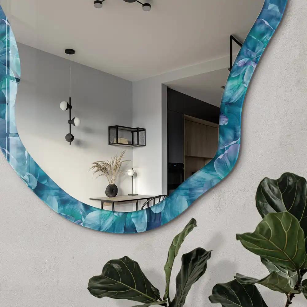 Miroir décoratif irrégulier avec impression fleurs turquoise