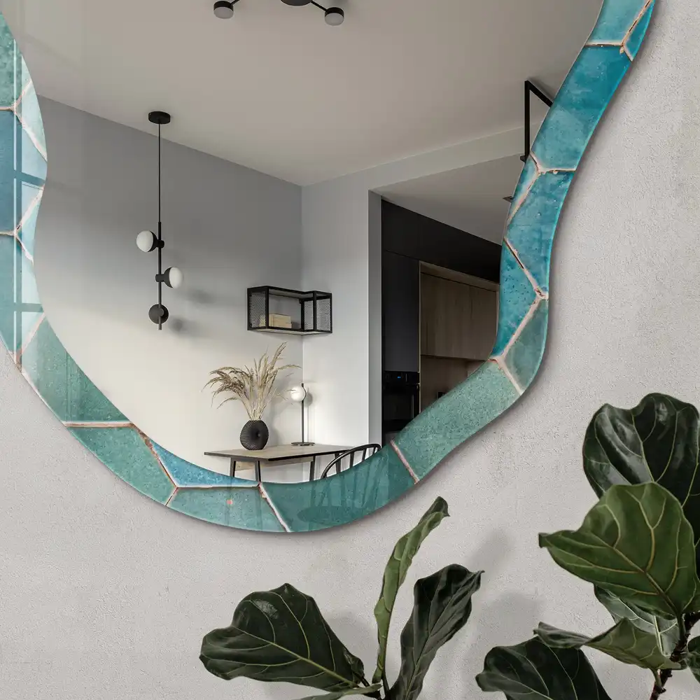 Miroir décoratif irrégulier à impression mosaïque turquoise