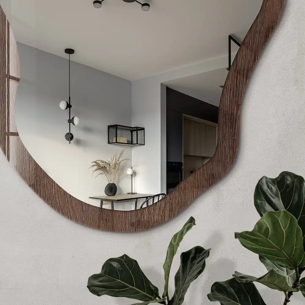 Miroir irrégulier avec impression effet bois brun