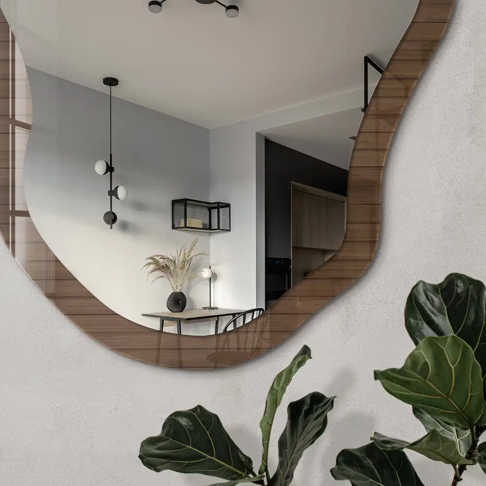 Miroir encadré avec impression effet planches de bois forme irrégulière
