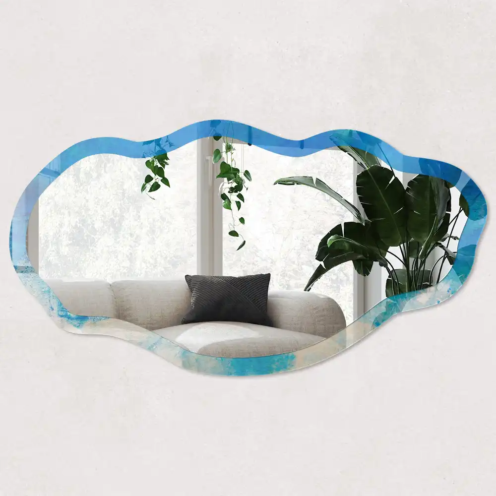 Miroir encadré à impression abstraite bleue de forme irrégulière
