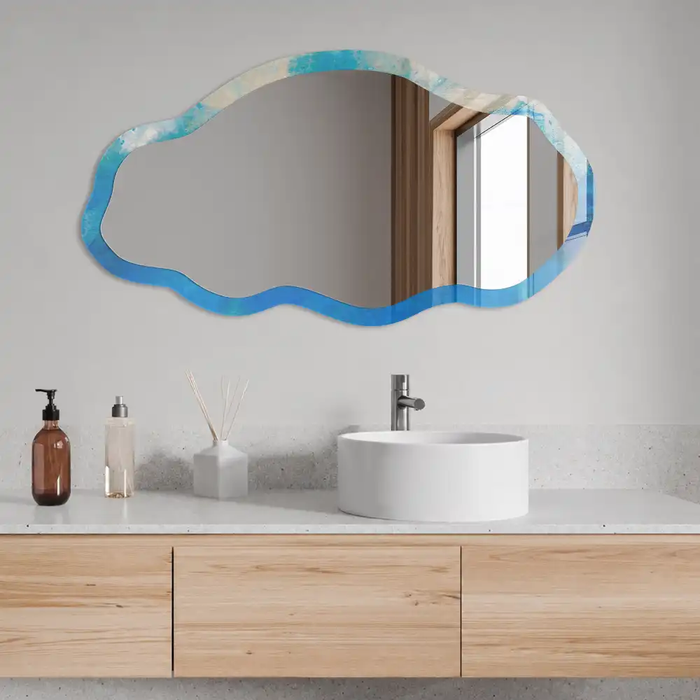 Miroir encadré à impression abstraite bleue de forme irrégulière