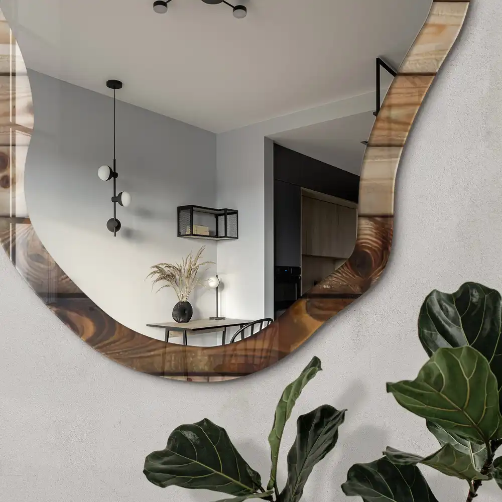 Miroir décoratif mural irrégulier avec cadre en bois