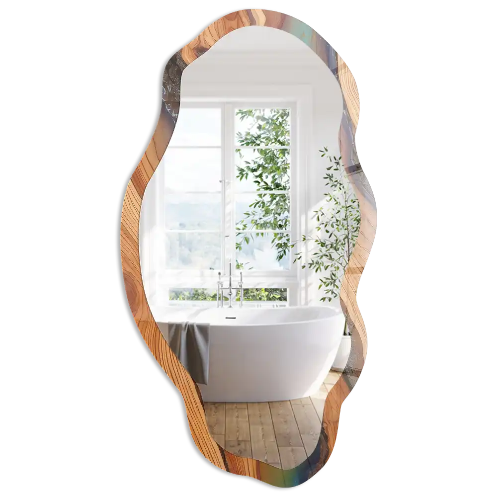 Miroir irrégulier avec impression bois et résine