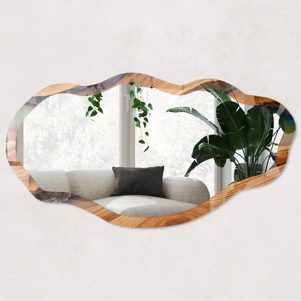 Miroir irrégulier avec impression bois et résine
