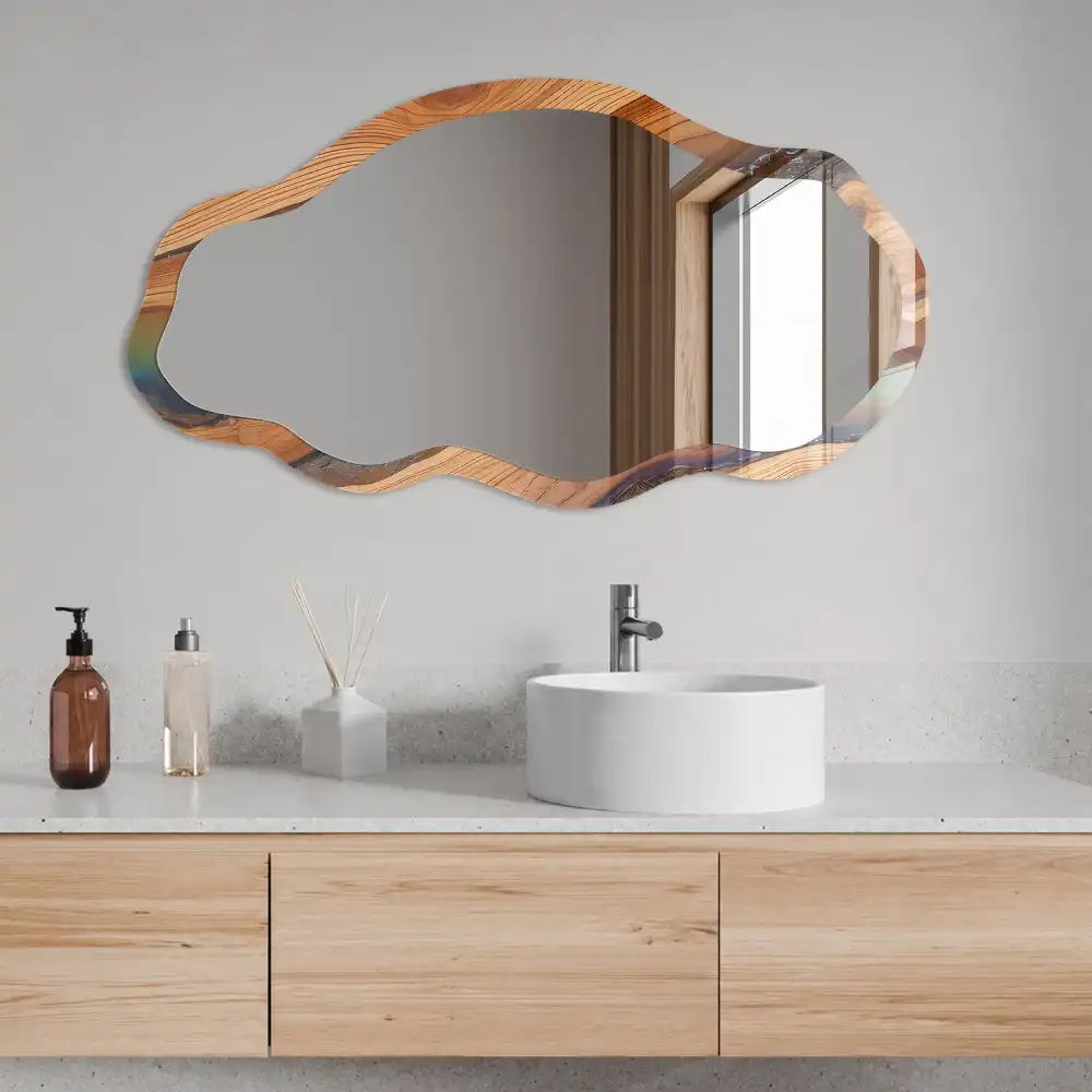 Miroir irrégulier avec impression bois et résine