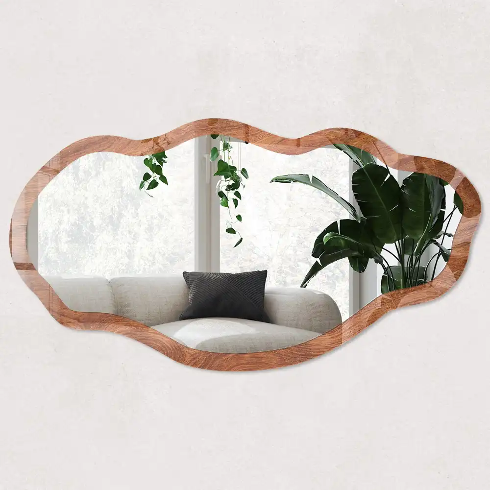 Miroir encadré à impression texture bois de forme irrégulière
