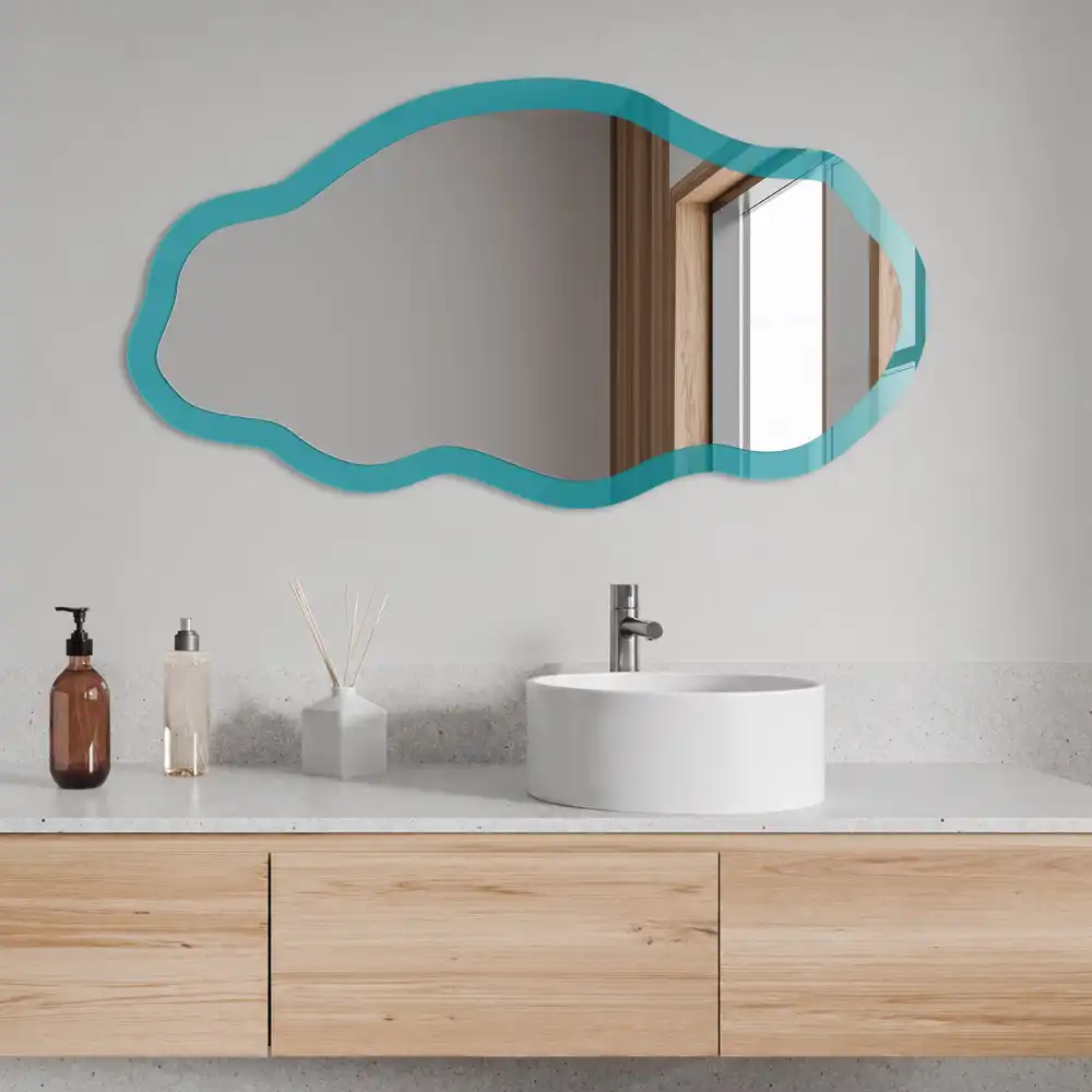 Miroir encadré à impression de forme irrégulière en turquoise froid