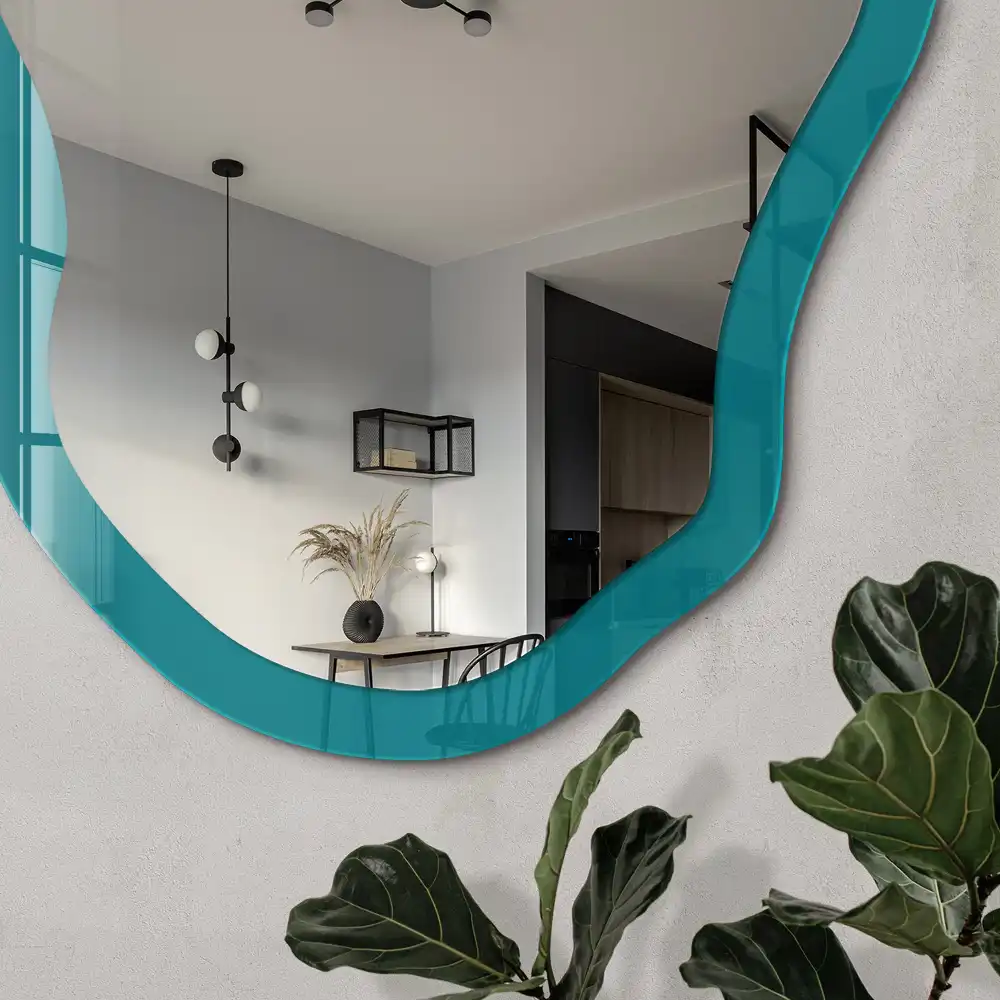 Miroir encadré à impression de forme irrégulière en turquoise froid