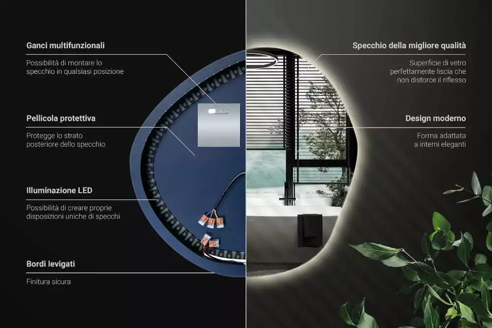 Miroir mural lumineux au design minimaliste et forme originale