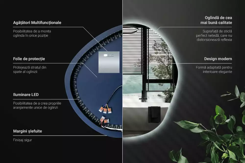 Miroir mural lumineux au design minimaliste et forme originale