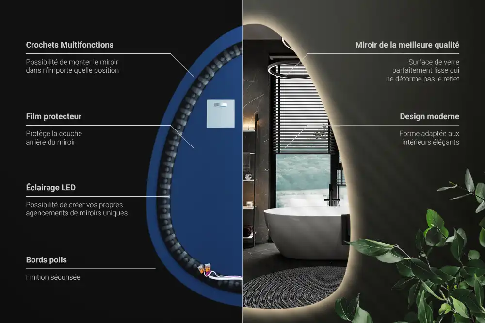 Miroir mural en forme d'œuf avec éclairage LED