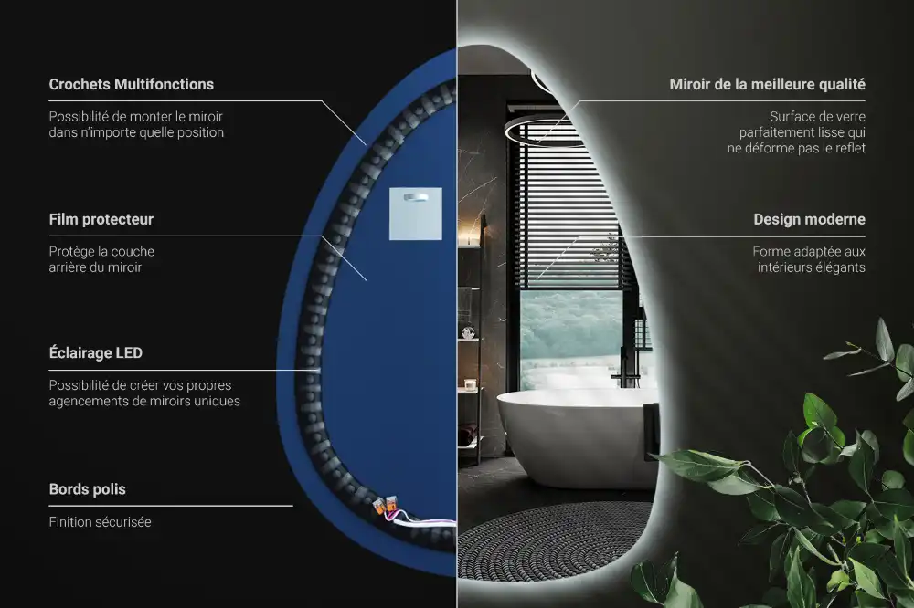 Miroir mural en forme d'œuf avec éclairage LED
