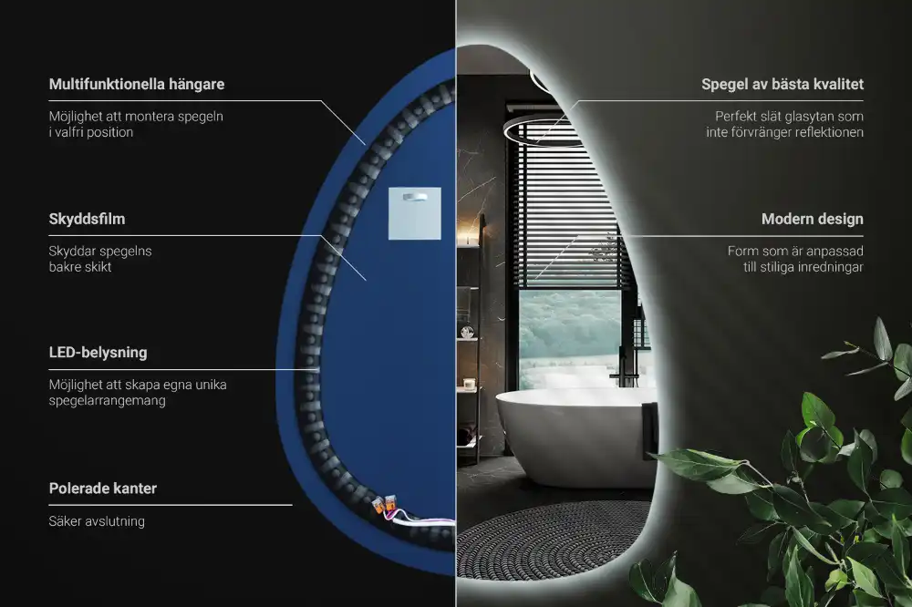 Miroir mural en forme d'œuf avec éclairage LED