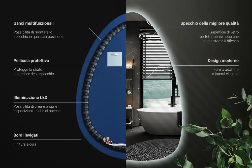 Miroir mural en forme d'œuf avec éclairage LED