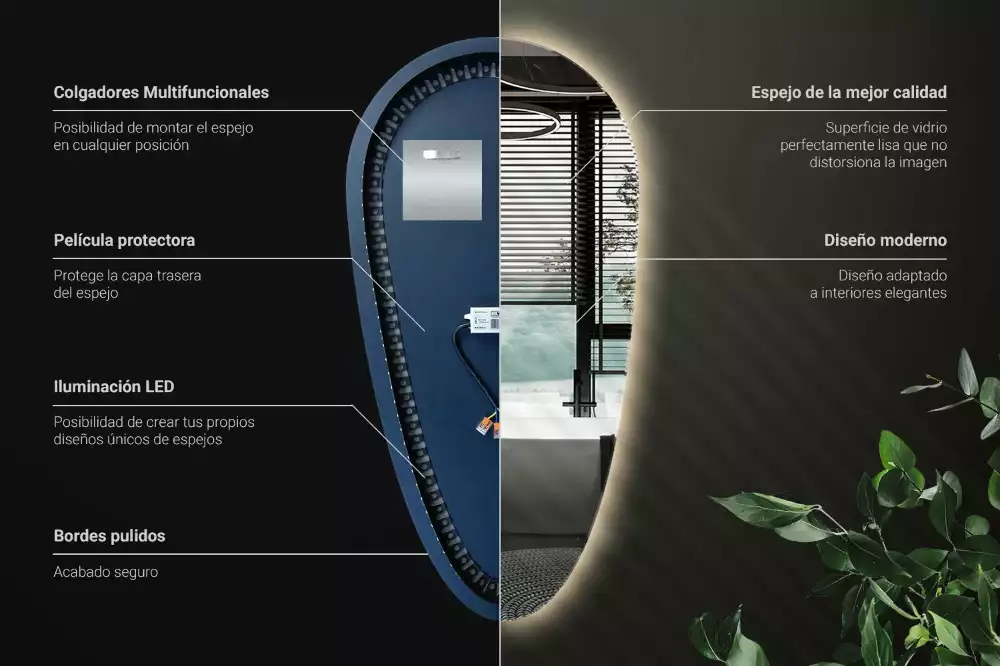 Miroir mural décoratif en forme de goutte avec éclairage LED